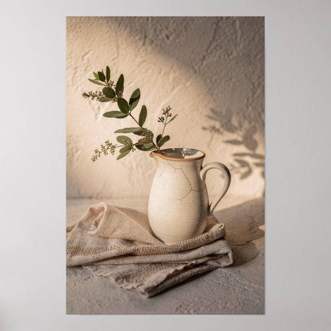 Póster Jarrón de Crema Agrietada Botánico Bodegón (Frente)