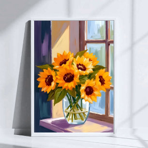 Póster Jarrón de girasoles Bouquet floral amarillo acua