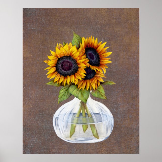 Póster Jarrón de girasoles en cartel marrón rústico (Frente)