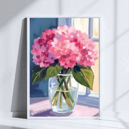 Póster Jarrón de Hortensias Rosas Ramo de Flores Acuarela