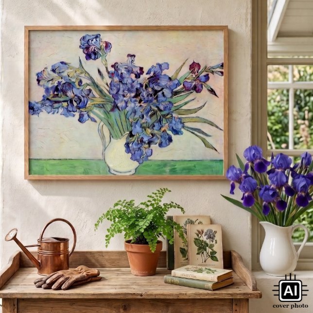 Póster Jarrón de Naturaleza Muerta con Lirios por Vincent (Still Life: Vase with Irises by Vincent van Gogh is a vintage fine art post impressionism painting.)