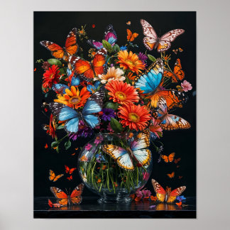 Póster Jarrón de vidrio con mariposas y flores de colores