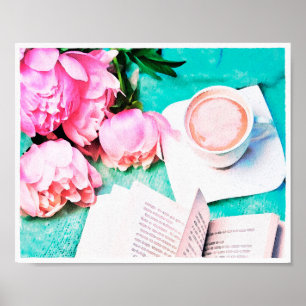 Póster Jarrón Floral de Peonía Rosa Acuarela Latte Acoged