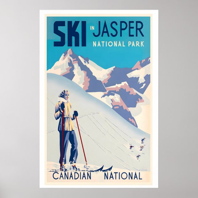 Póster Jasper National Park Canada Woman Skiing Vintage (Frente)