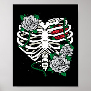 Póster Jaula de costillas con flores Mano de Esqueleto de