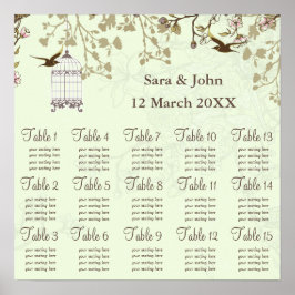 Póster jaula de pájaro verde floral, carta de asientos de