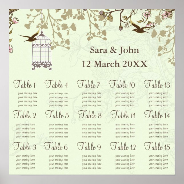 Póster jaula de pájaro verde floral, carta de asientos de