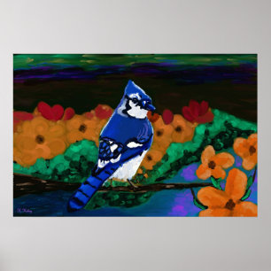 Póster Jay azul en Naranja Flores impresas