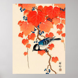 Póster Jay Bird japonés y Grapevine otoñal