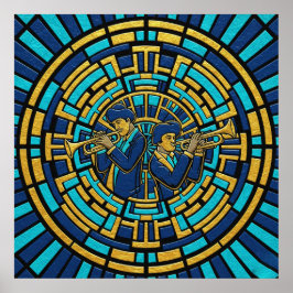 Póster Jazz Trumpeters Poster Blue and Gold Stained Glass
