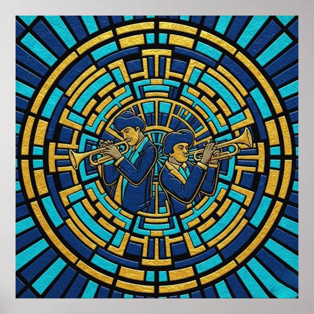 Póster Jazz Trumpeters Poster Blue and Gold Stained Glass (Frente)