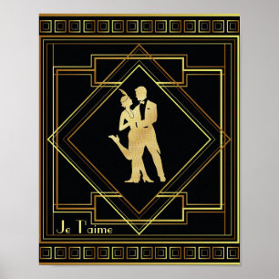 Póster Je T'aime Francés Art Deco negro y oro 20