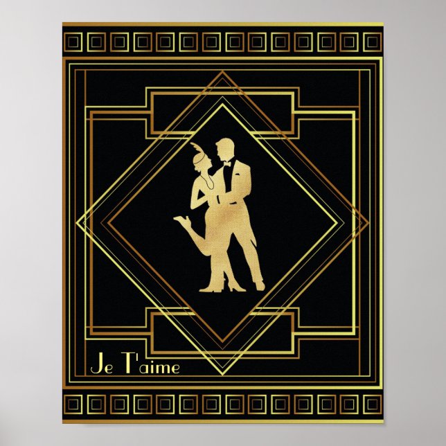 Póster Je T'aime Francés Art Deco negro y oro 20 (Frente)