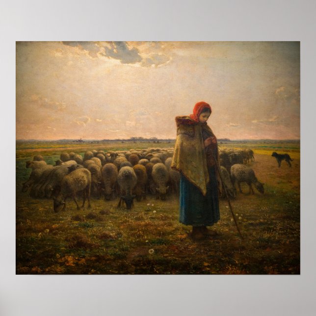 Póster Jean-Francois Millet - Pastora y rebaño 1863 (Frente)
