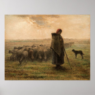 Póster Jean-Francois Millet - Pastora y rebaño 1865