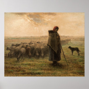 Póster Jean-Francois Millet - Pastora y rebaño 1865