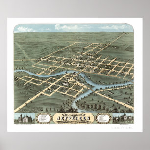 Póster Jefferson, WI Mapa Panorámico - 1870
