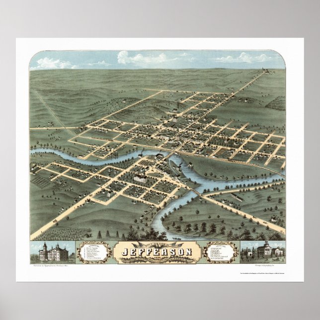 Póster Jefferson, WI Mapa Panorámico - 1870 (Frente)