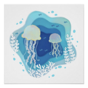 Póster Jellyfish en el Ilustracion de Arte de Papel Oceán
