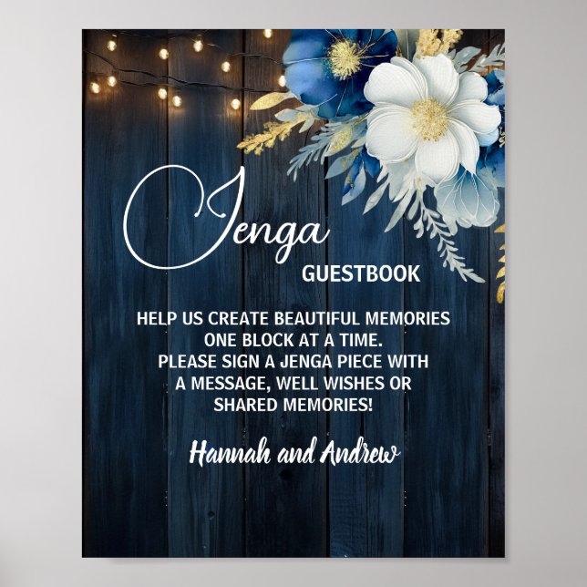 Póster Jenga Boda Guestbook Poster Floral de String Light (Frente)