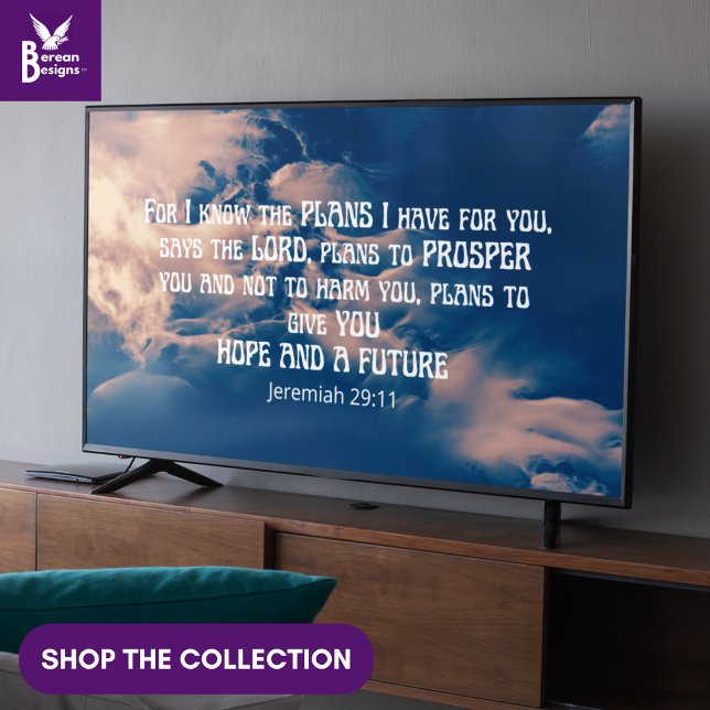 Póster JEREMIAH 29:11 TV cristiana de cuadros (Christian Jeremiah 29:11 Bible verse with heavenly clouds wall art for display TV)