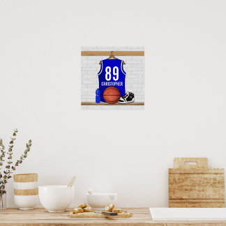 Póster Jersey de baloncesto blanco y azul personalizado