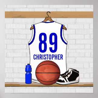 Póster Jersey de baloncesto blanco y azul personalizado