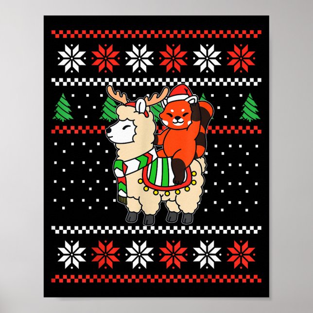 Póster Jersey Navideño Feo de Panda Rojo Reno Llama Ri (Frente)