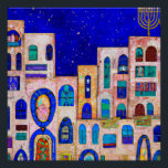 Póster Jerusalem at Night<br><div class="desc">cubism painting of jerusalem with hanukkah candelabre in every doorstep or window. From all the cities of the world, Jerusalem was chosen as the capital of the Land of Israel. The Talmud relates, that when Jews would arrive in Jerusalem, they all “became united as one.” Indeed, in Psalms, it is...</div>