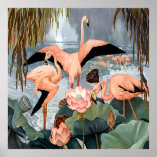 Póster Jessie Arms Botke - Flamingos y loto
