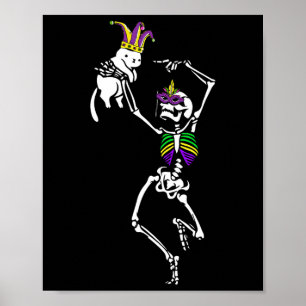 Póster Jester Skeleton Bailando Gato Mardi Gras Máscara C