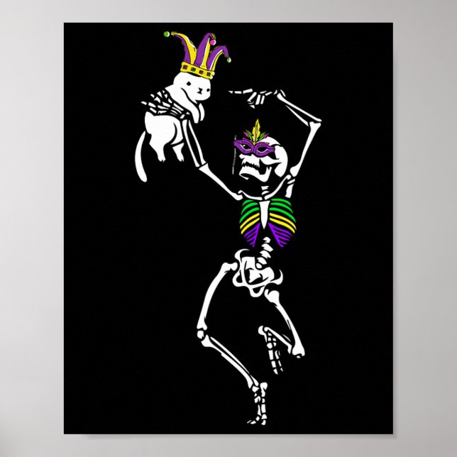 Póster Jester Skeleton Bailando Gato Mardi Gras Máscara C (Frente)