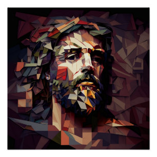 Póster Jesucristo en formas angulares de Borgoña y oro