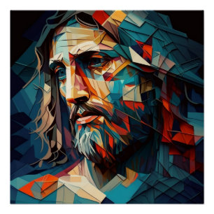 Póster Jesucristo en formas geométricas de azul verdoso y