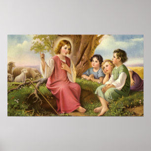 Póster Jesucristo Enseñando Niños, Religión Vintage