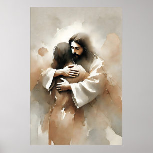 Póster Jesús Abrazando a una Mujer Acuarela Inspiradora