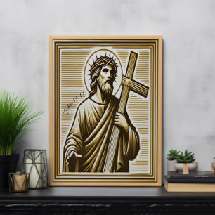 Póster Jesús abrazando la cruz de oro con compasión