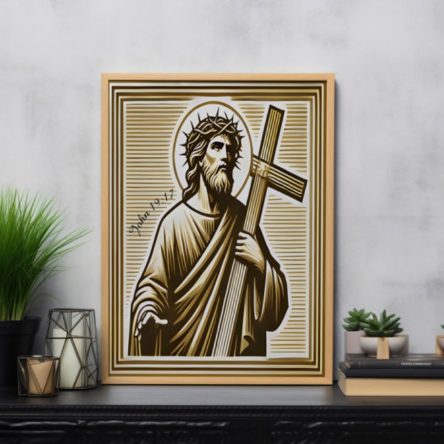 Póster Jesús abrazando la cruz de oro con compasión (Subido por el creador)