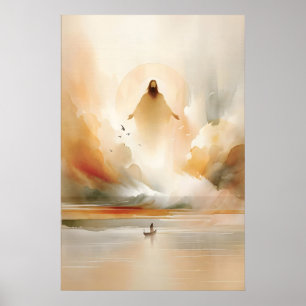 Póster Jesús calma la tormenta Aquarela Biblia Milagro