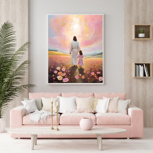 Póster Jesús camina con un niño en un campo de flores