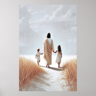 Póster Jesús caminando con el niño Jesús y los niños Cris