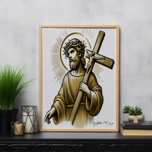 Póster Jesús cargando cruz de oro con gracia