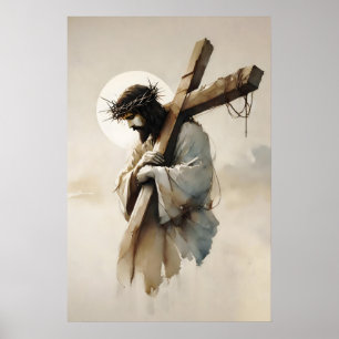 Póster Jesús cargando la cruz acuarela minimalista