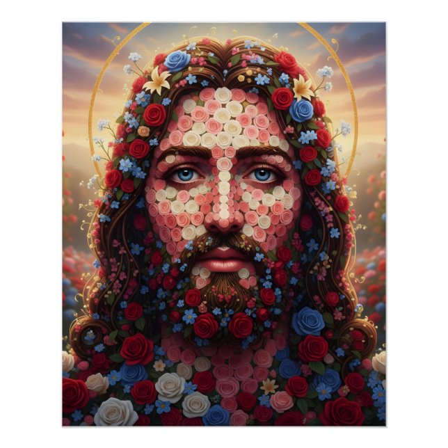 Póster Jesus Christ Floral Mosaic Portrait Spiritual Wall (Anverso)