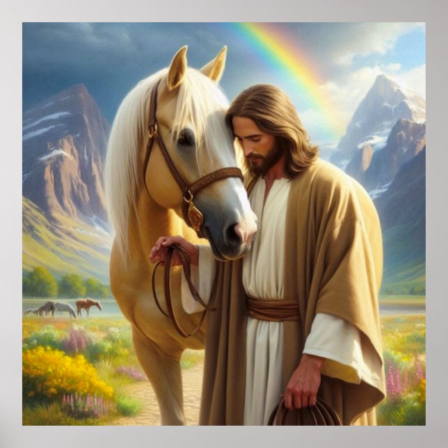 Póster Jesús con caballo palomino en el paisaje escénico (Frente)