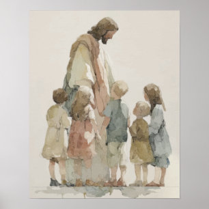 Póster Jesús con Niños Acuarela
