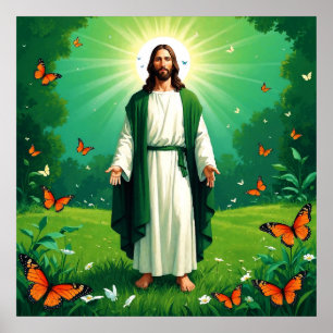 Póster Jesús en un jardín rodeado de mariposas