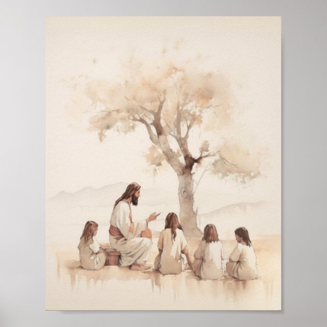 Póster Jesús Enseñando Niños - Acuarela Digital (Frente)