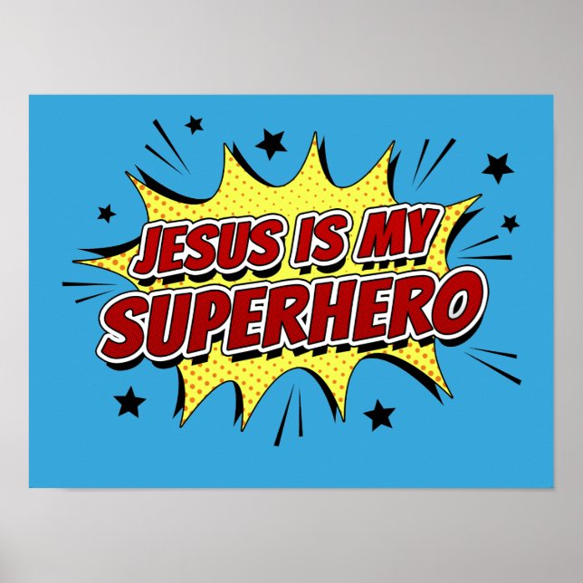 Póster Jesús es mi superhéroe niños y fe cristiana adulta (Frente)
