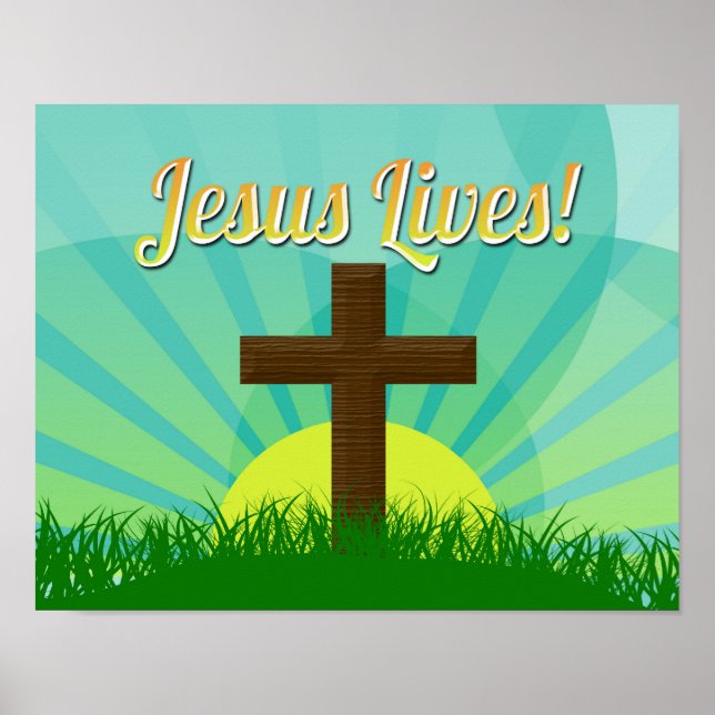 Póster Jesus Lives Blue/Brown Christian Easter Cross (Frente)